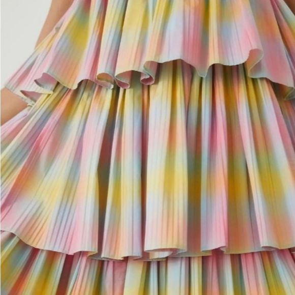 Anthropologie Beatrice B Rainbow Tiered Mini Dress Pleated Square Neck - Picture 3 of 5